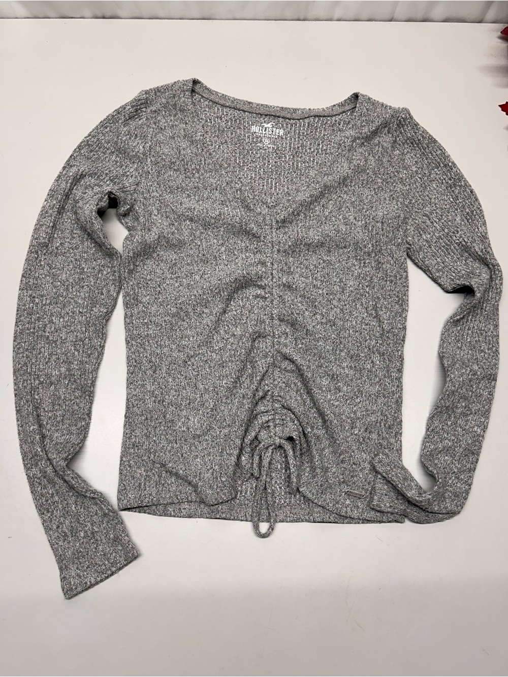 Hollister Heather Gray Ribbed Long Sleeve Top with Front Drawstring